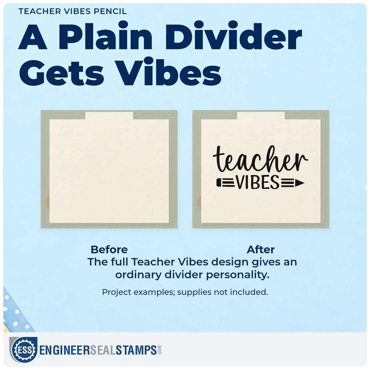 Before and after of a plain item finished with the Teacher Vibes Pencil Script Lettering Self-Inking Stamp, a quick upgrade for jar chalk labels.