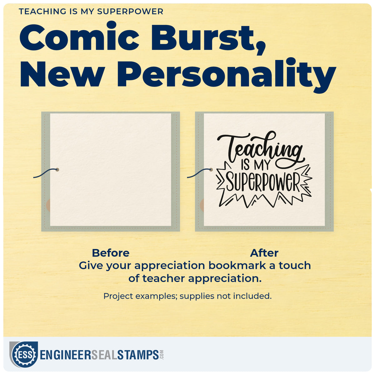 Before and after of a plain item finished with the Pre-Inked Teaching Superpower Lettering Stamp – PSI, a quick upgrade for supply crate labels.