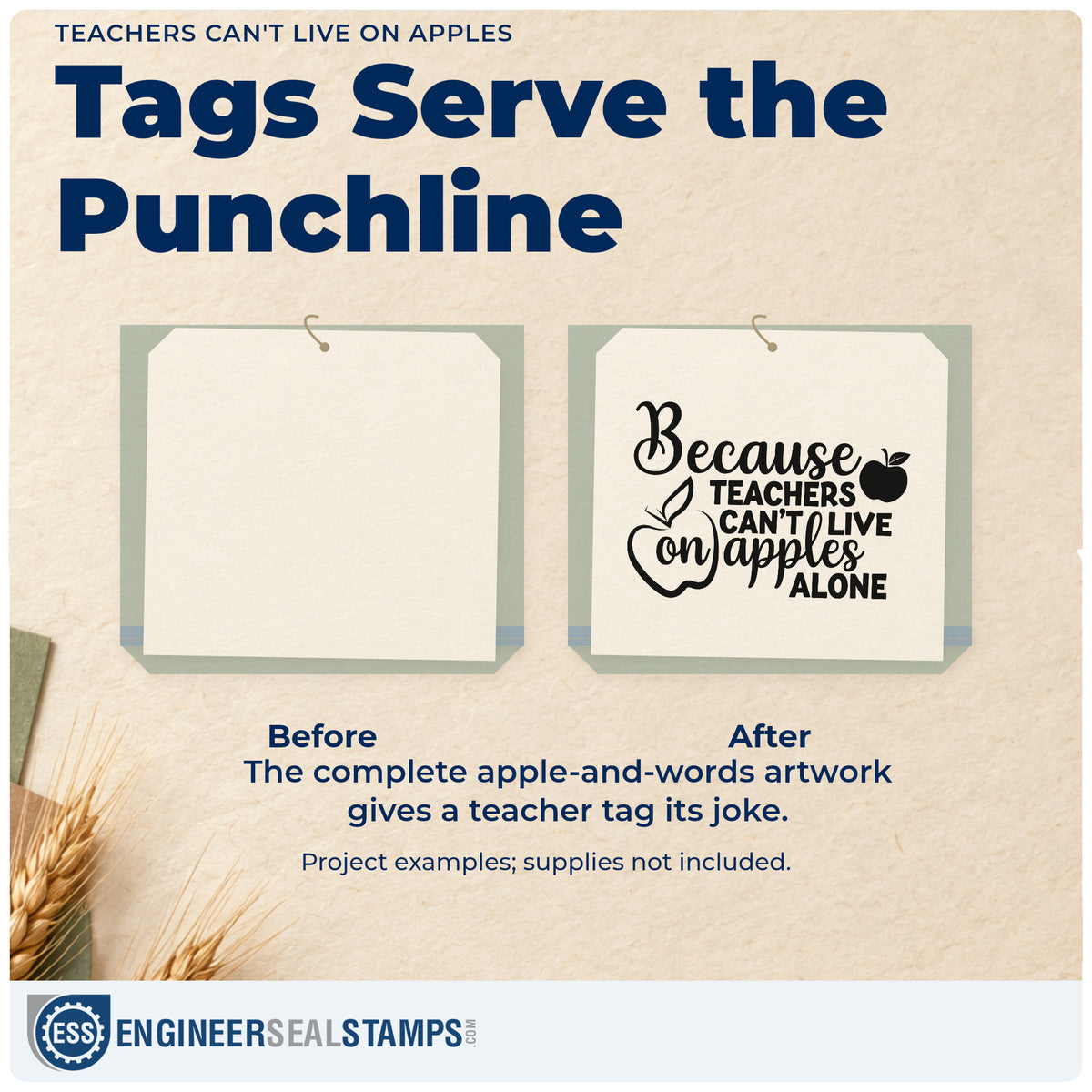Before and after of a plain item finished with the Because Teachers Can't Live On Apples Alone Stamp – Self-Inking, a quick upgrade for meal train labels.