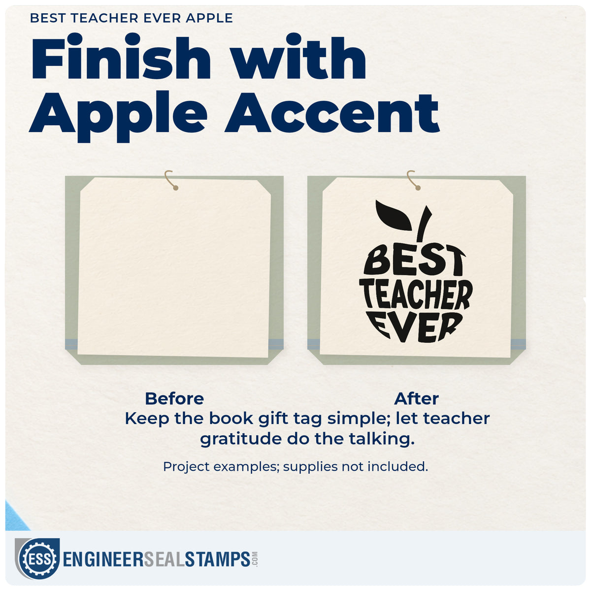Before and after of a plain item finished with the Slim Pre-Inked Best Teacher Ever Apple Lettering Stamp, a quick upgrade for gift box labels.