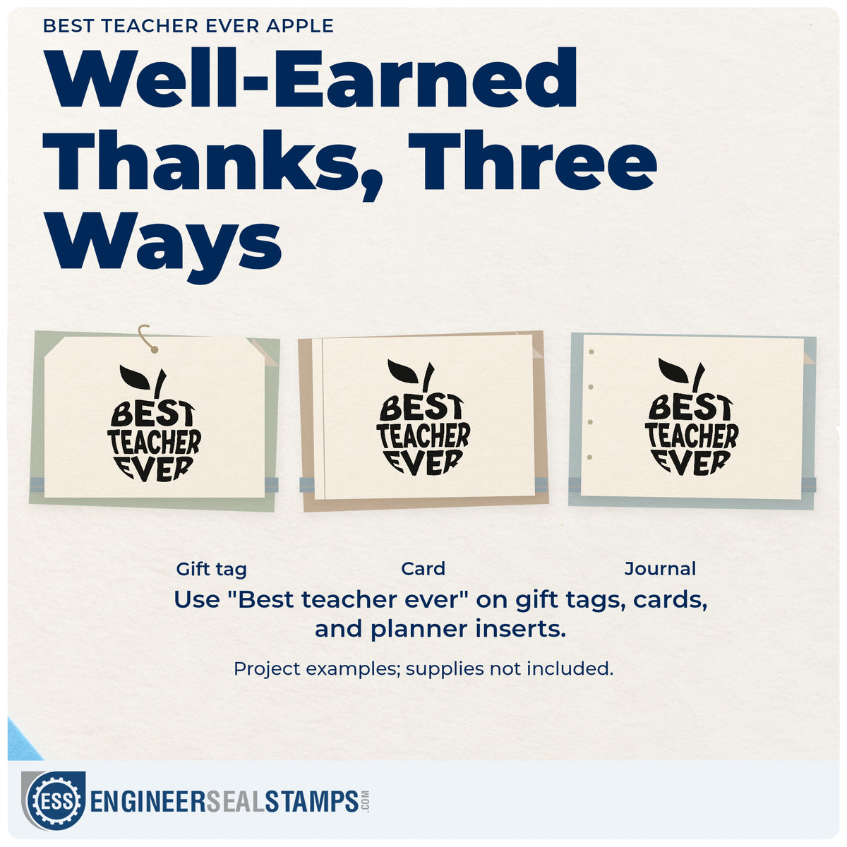 Three project examples made with the Best Teacher Ever Apple Lettering Premium Wooden Stamp - Vintage Pro, including cookie topper crafts.