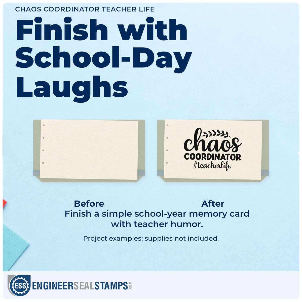 Before and after of a plain item finished with the Chaos Coordinator Teacher Life Pre-Inked Stamp – Slim, a quick upgrade for shipping mailer labels.