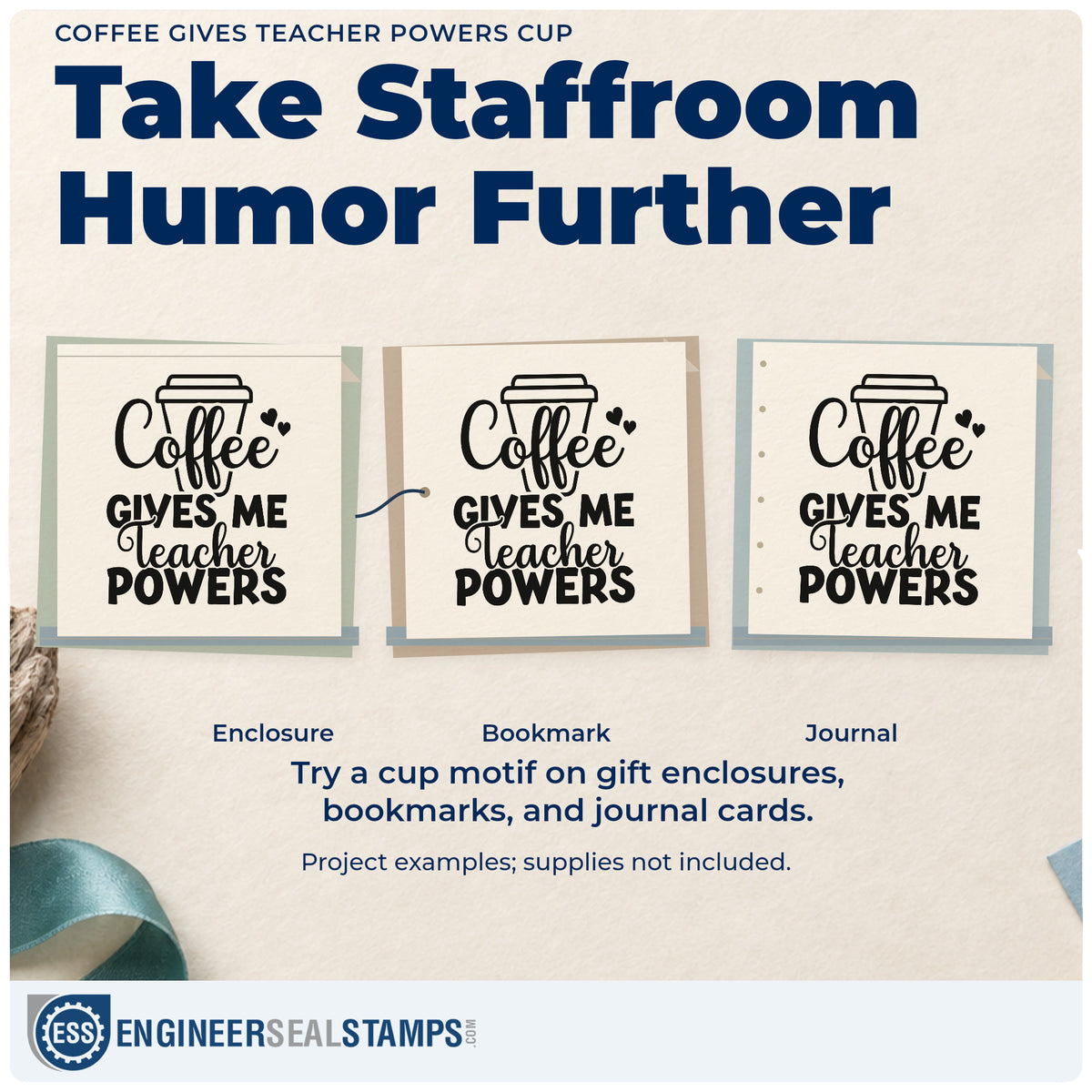 Three project examples made with the Coffee Gives Teacher Powers Cup With Hearts Stamp - Premium Vintage Pro Wooden, including stencil cup crafts.