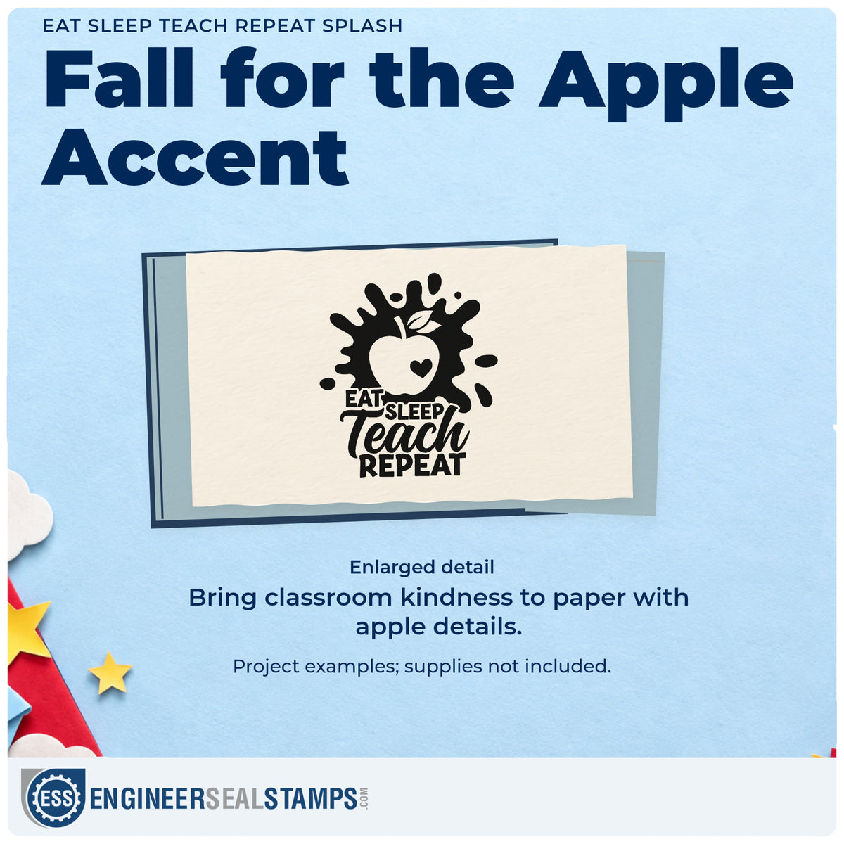 Enlarged detail of the Duo Hand Eat Sleep Teach Repeat Splash Apple Rubber Stamp imprint. An apple with a heart sits inside an ink-splash shape above "Eat sleep teach repeat."