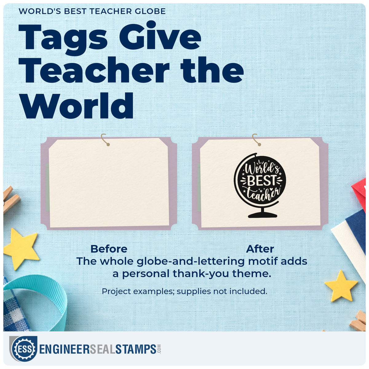 Before and after of a plain item finished with the World's Best Teacher Globe Craft Stamp – Self-Inking, a quick upgrade for trophy shelf labels.