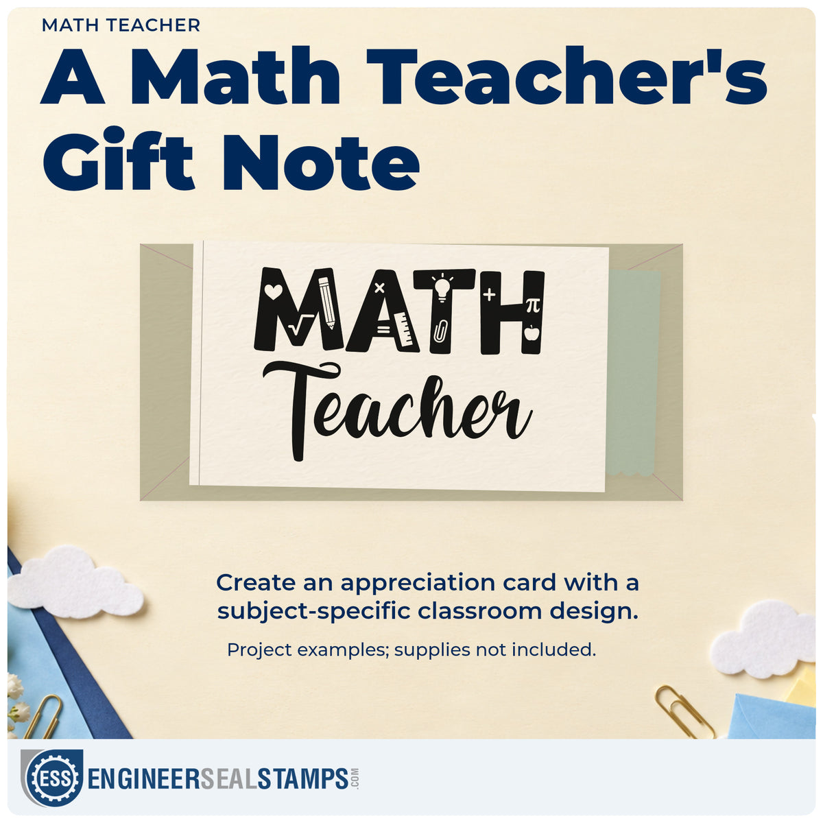 A finished handmade project stamped with the Math Teacher Script Lettering Stamp – Wood Handle, ideal for formula sheet tags.