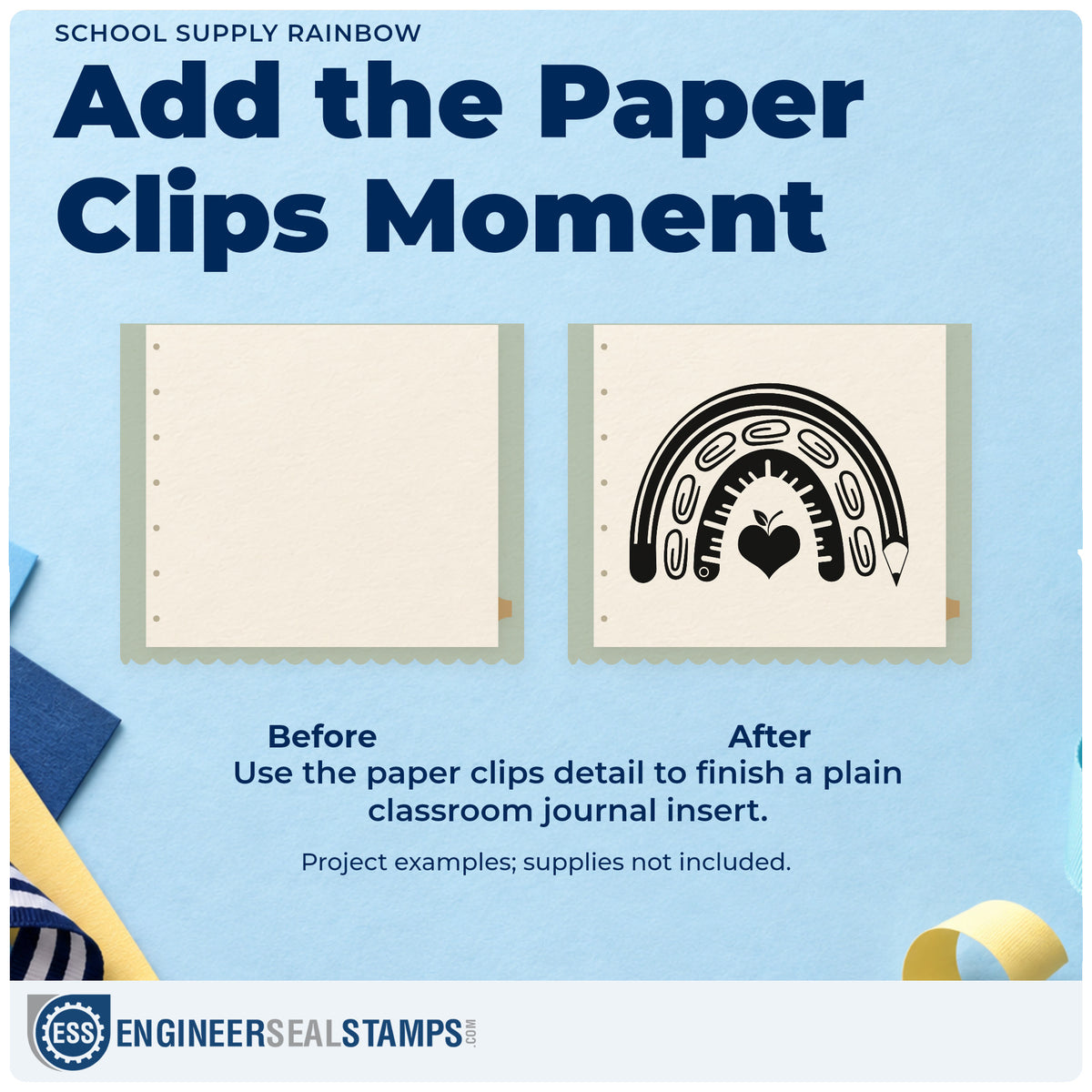 Before and after of a plain item finished with the School Supply Rainbow Apple Stamp – Duo Hand, a quick upgrade for locker magnet seals.