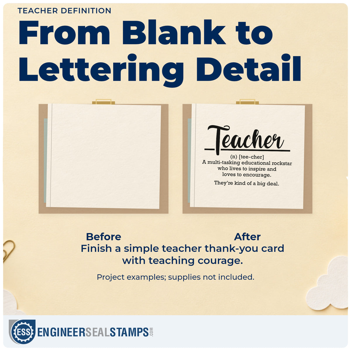 Before and after of a plain item finished with the Teacher Definition Stamp – Slim Pre-Inked, a quick upgrade for word wall seals.