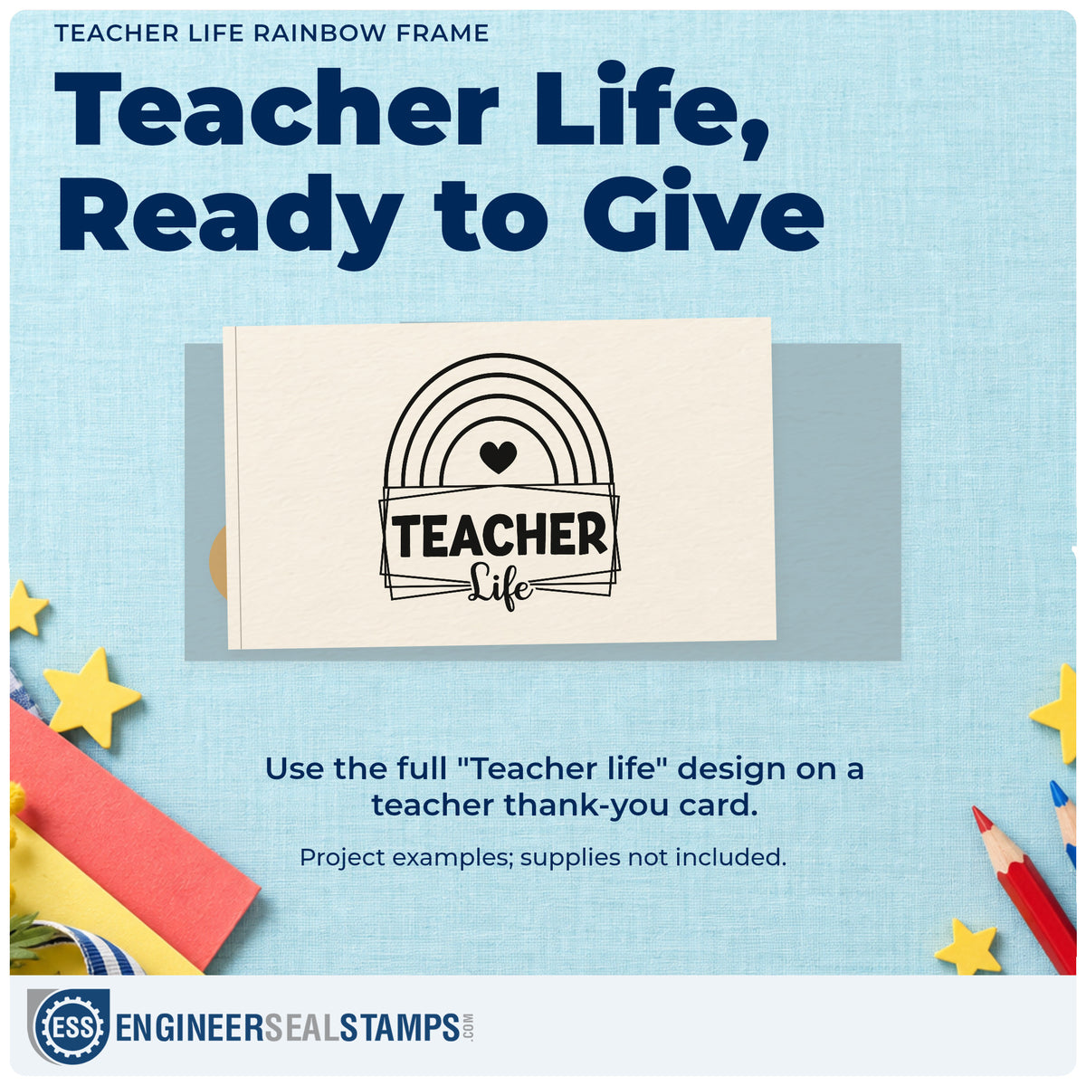 A finished handmade project stamped with the Teacher Life Rainbow Frame Rubber Stamp – Wood Handle, ideal for bin label tags.