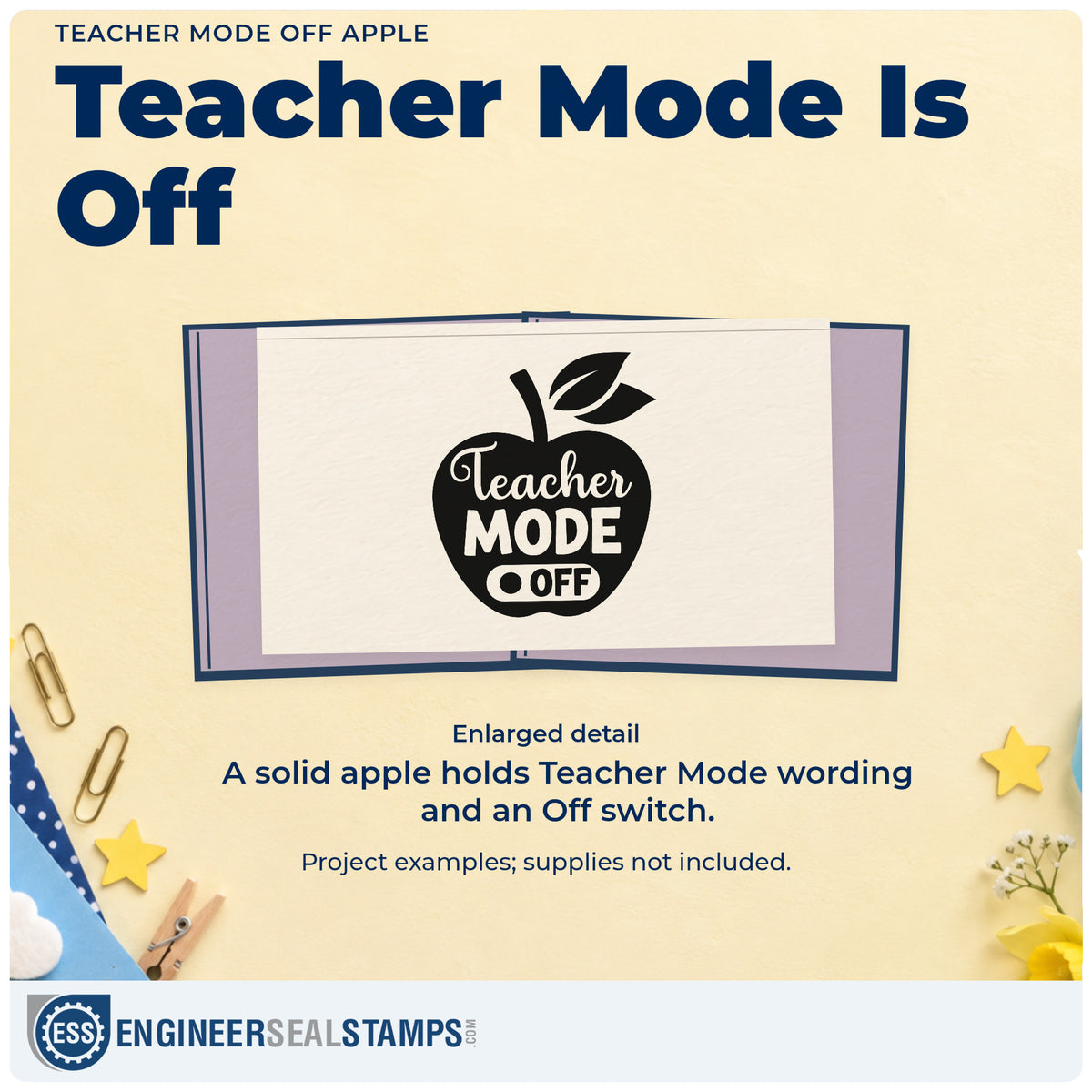 Enlarged detail of the Teacher Mode Off Apple Stamp – Wood Handle imprint. A solid apple contains "Teacher mode" and an off-switch symbol.