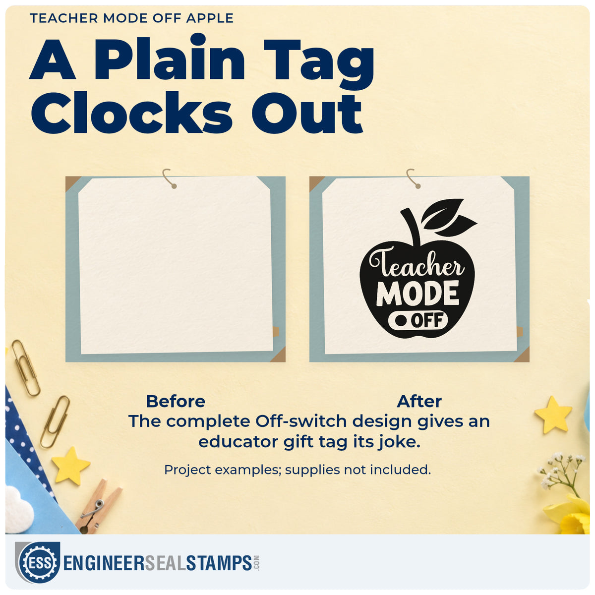 Before and after of a plain item finished with the Teacher Mode Off Apple Compact Pre-Inked Stamp – Slim, a quick upgrade for door hanger seals.