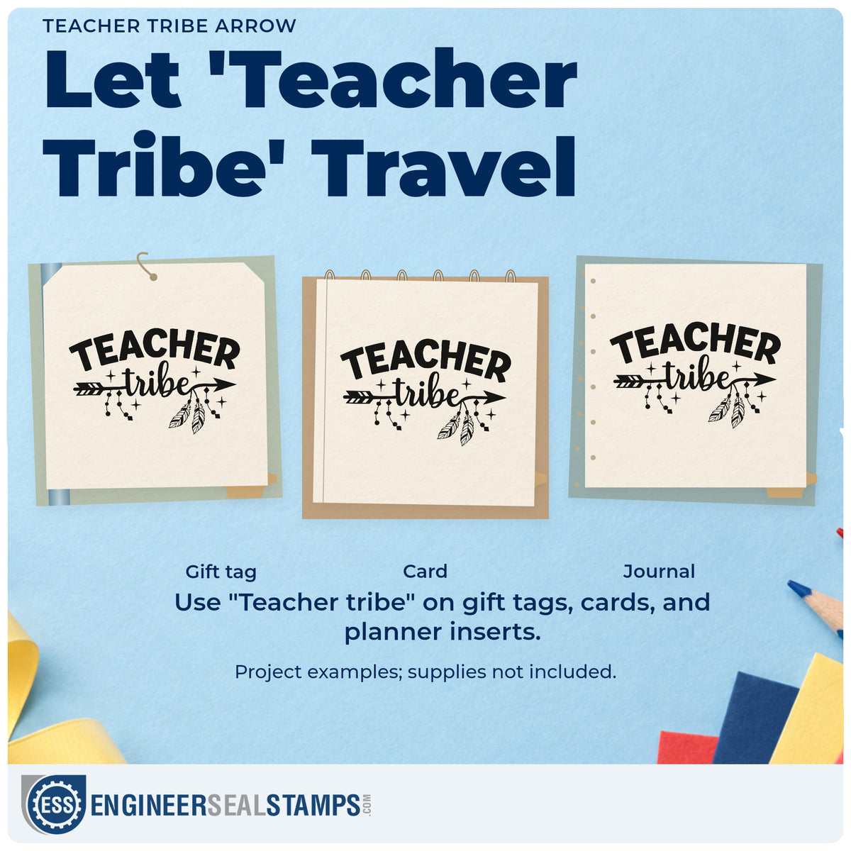 Three project examples made with the Teacher Tribe Arrow Stamp – Self-Inking, including water flask labels.