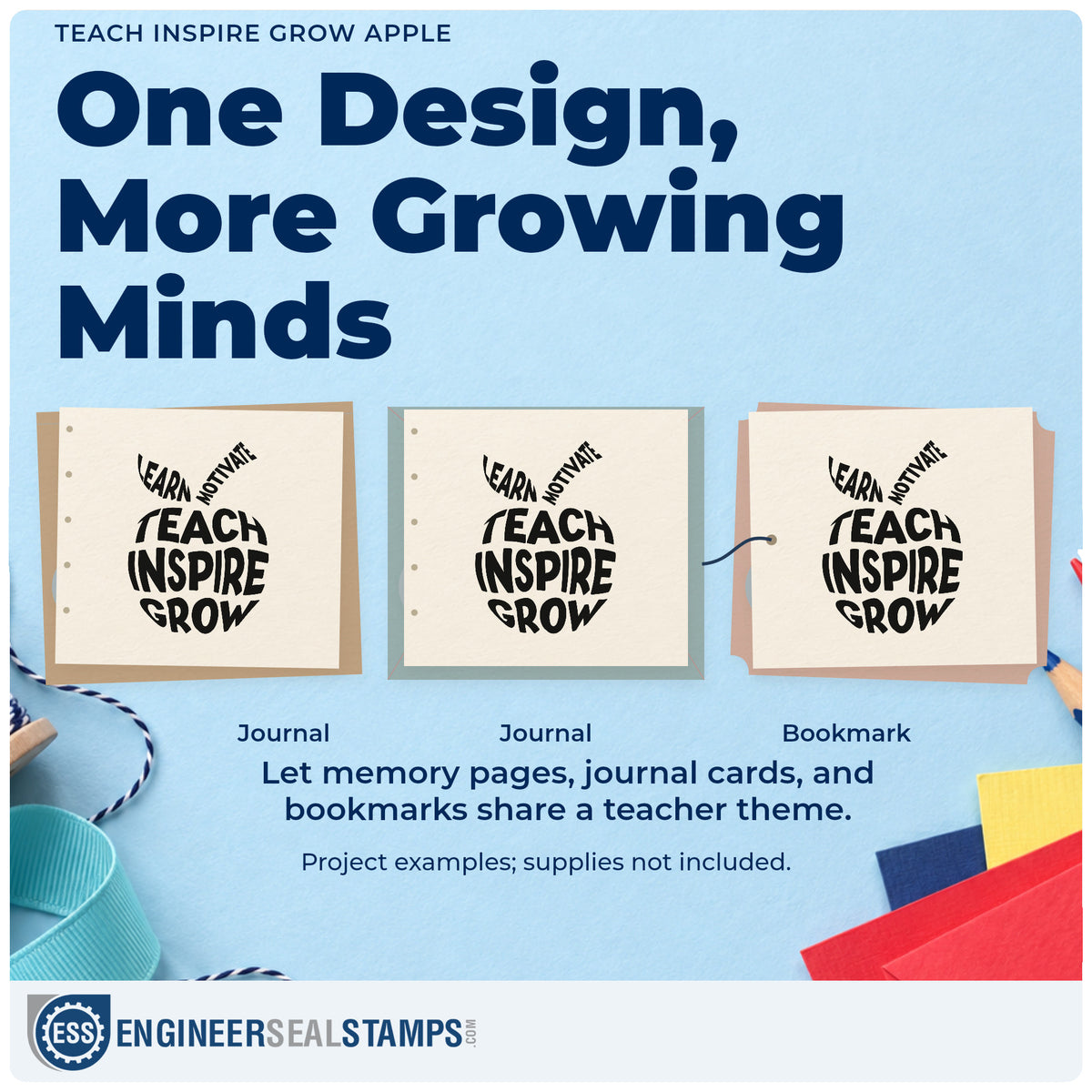 Three project examples made with the Teach Inspire Grow Apple Lettering Self-Inking Stamp, including spelling tin labels.
