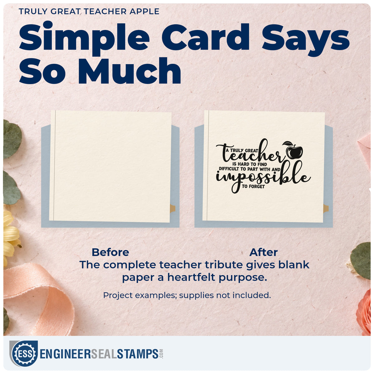Before and after of a plain item finished with the Great Teacher Impossible To Forget Apple Pre-Inked Stamp – PSI, a quick upgrade for memory box seals.