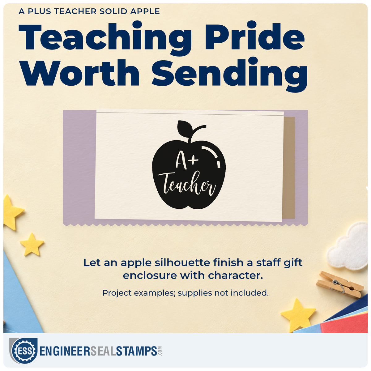 A finished handmade project stamped with the A Plus Teacher Solid Apple Wood-Mounted Rubber Stamp, ideal for top grade tags.