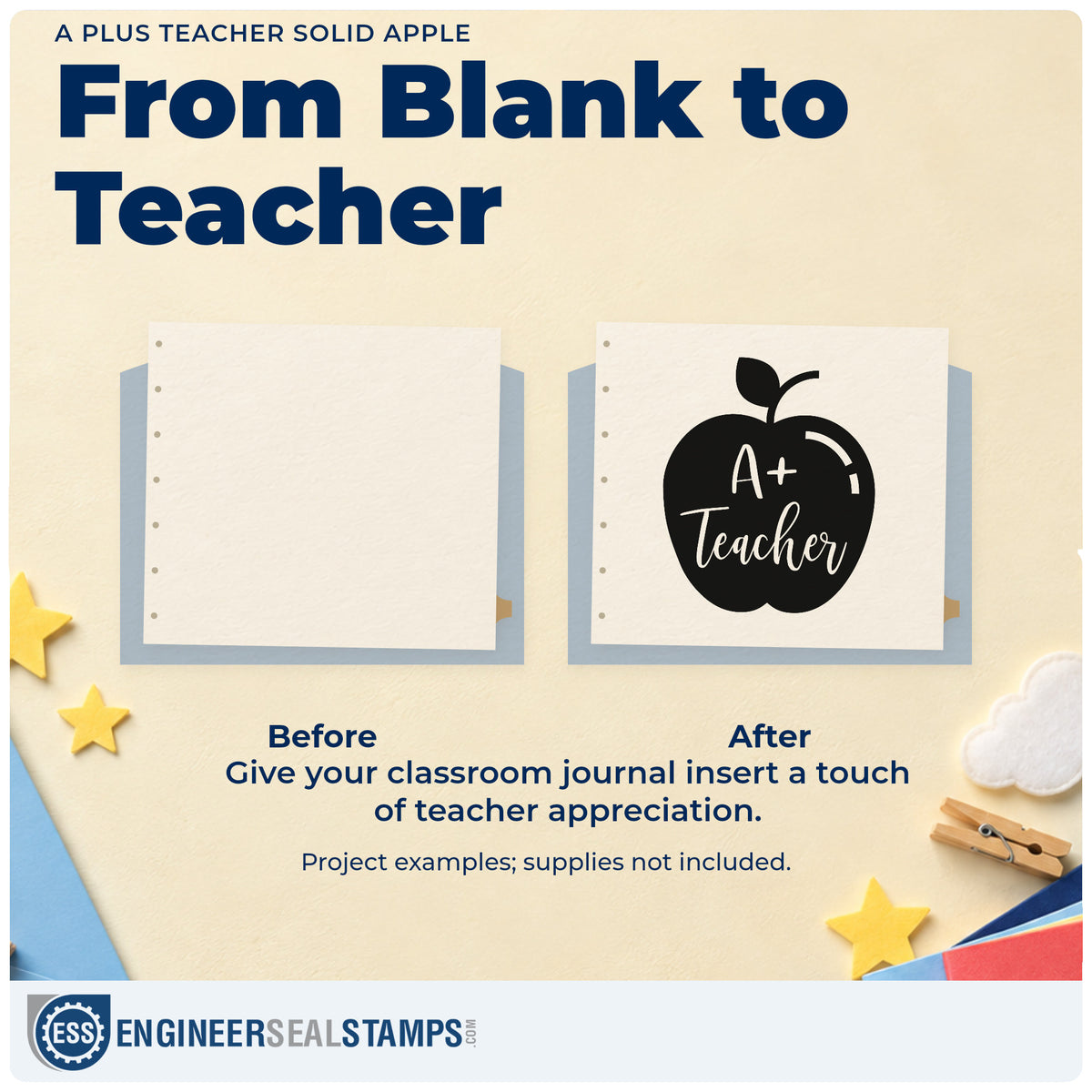 Before and after of a plain item finished with the A Plus Teacher Solid Apple Self-Inking Stamp, a quick upgrade for results day seals.