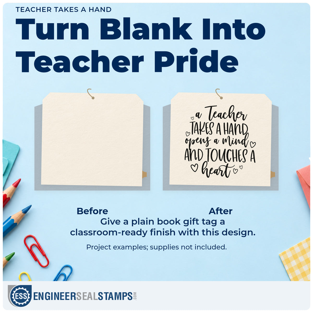 Before and after of a plain item finished with the Teacher Takes A Hand Stamp – Duo Hand, a quick upgrade for report folder seals.