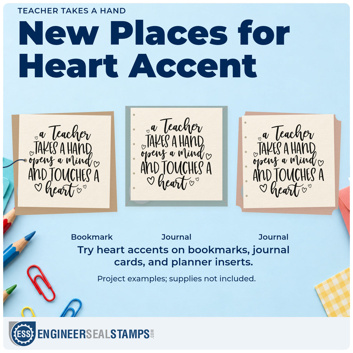 Three project examples made with the Teacher Takes A Hand Stamp – Duo Hand, including reward jar labels.