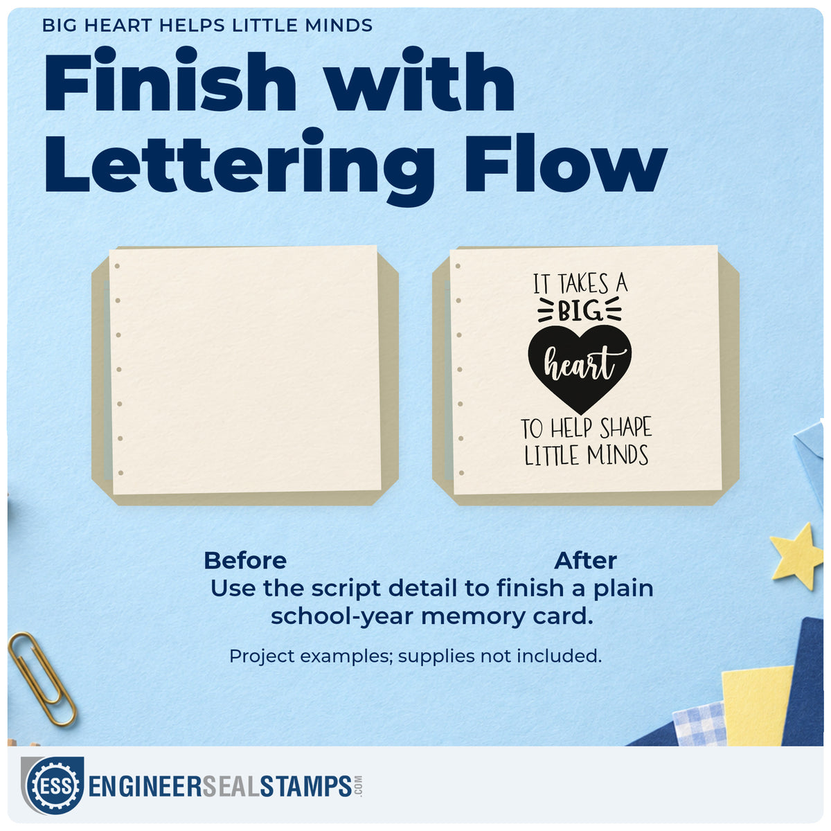 Before and after of a plain item finished with the Big Heart Helps Little Minds Stamp – Slim Pre-Inked, a quick upgrade for pram blanket seals.