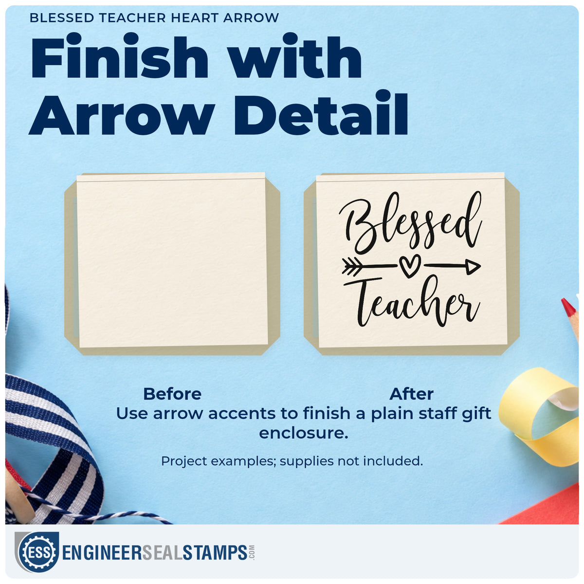 Before and after of a plain item finished with the Blessed Teacher Heart Arrow Script Lettering Rubber Stamp – Duo Hand, a quick upgrade for hymn book seals.