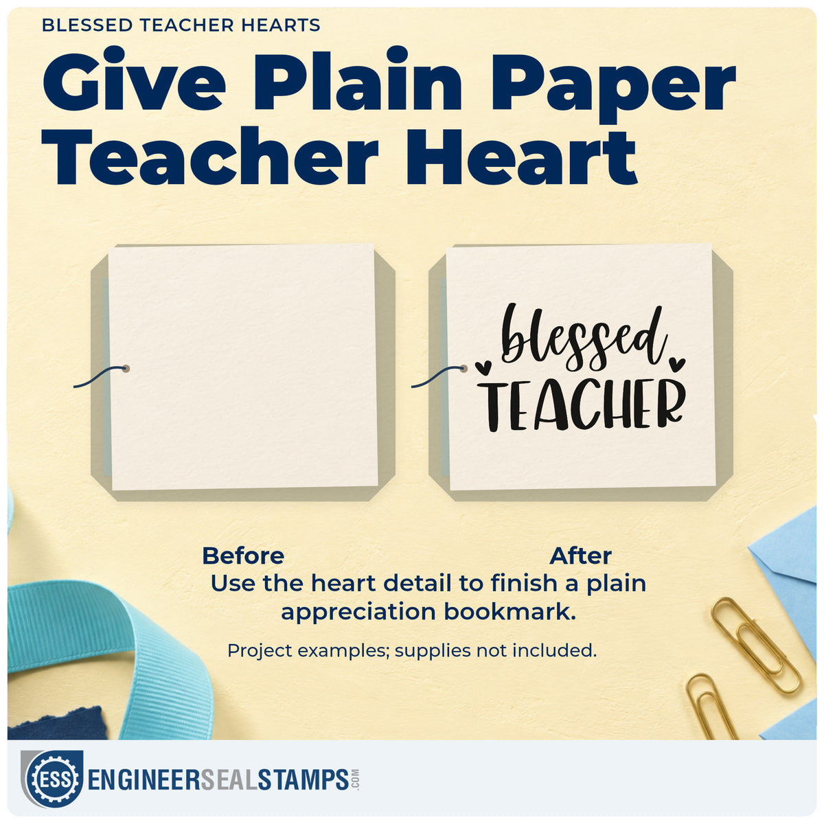 Before and after of a plain item finished with the Blessed Teacher Hearts Hand Stamp – Duo, a quick upgrade for envelope flap seals.