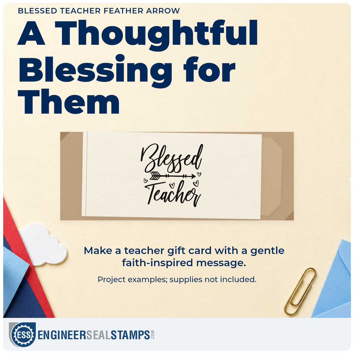A finished handmade project stamped with the PSI Pre-Inked Blessed Teacher Feather Arrow Stamp, ideal for retreat swap tags.