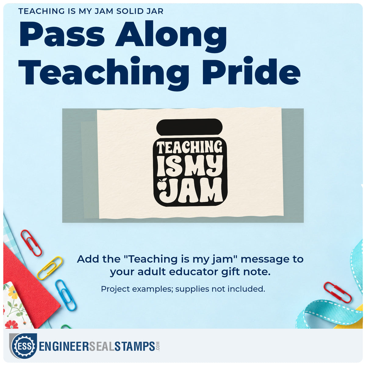 A finished handmade project stamped with the Teaching Is My Jam Solid Jar Pre-Inked Stamp – Slim, ideal for dark stock tags.