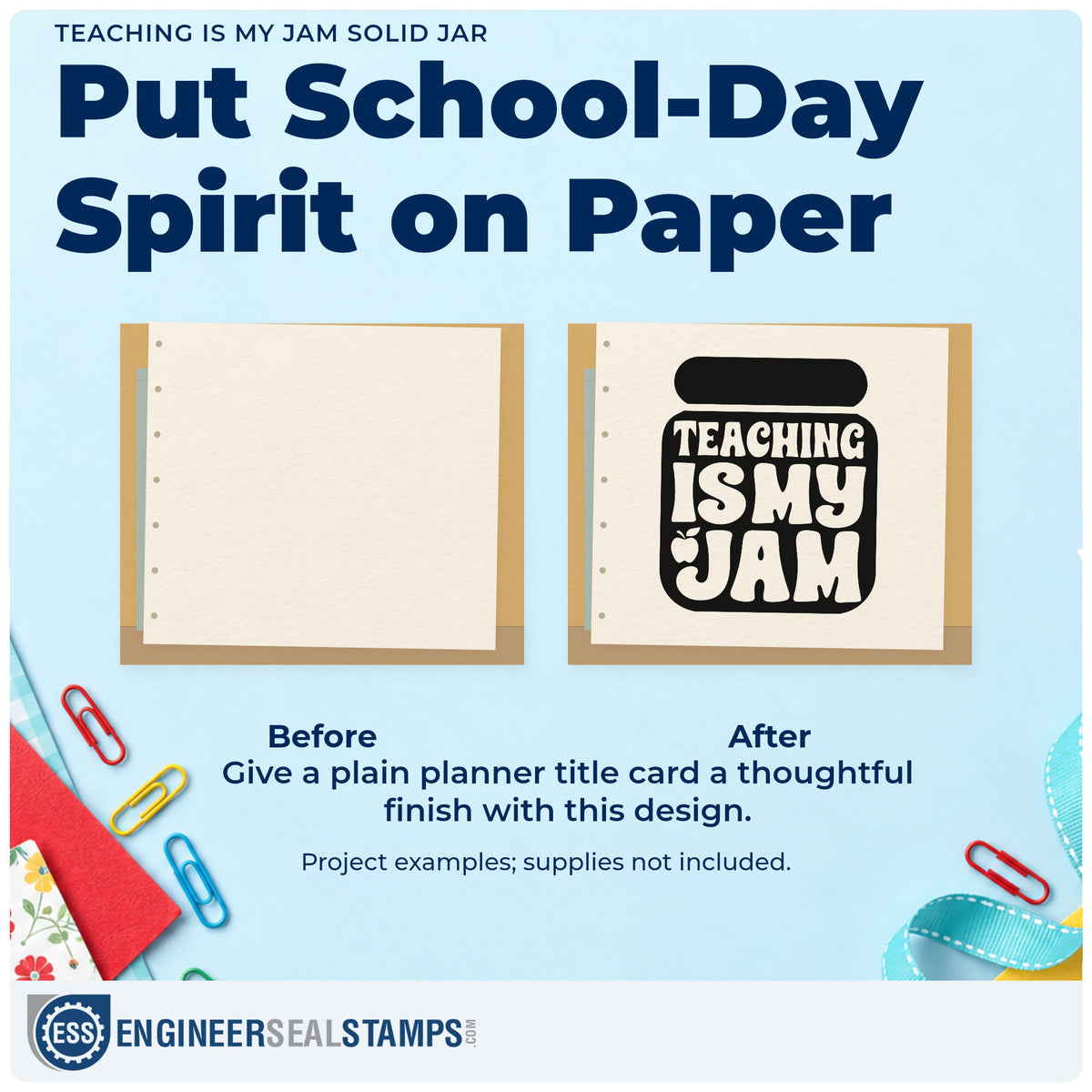 Before and after of a plain item finished with the Wood Handle Teaching Is My Jam Solid Jar Rubber Stamp, a quick upgrade for night market seals.