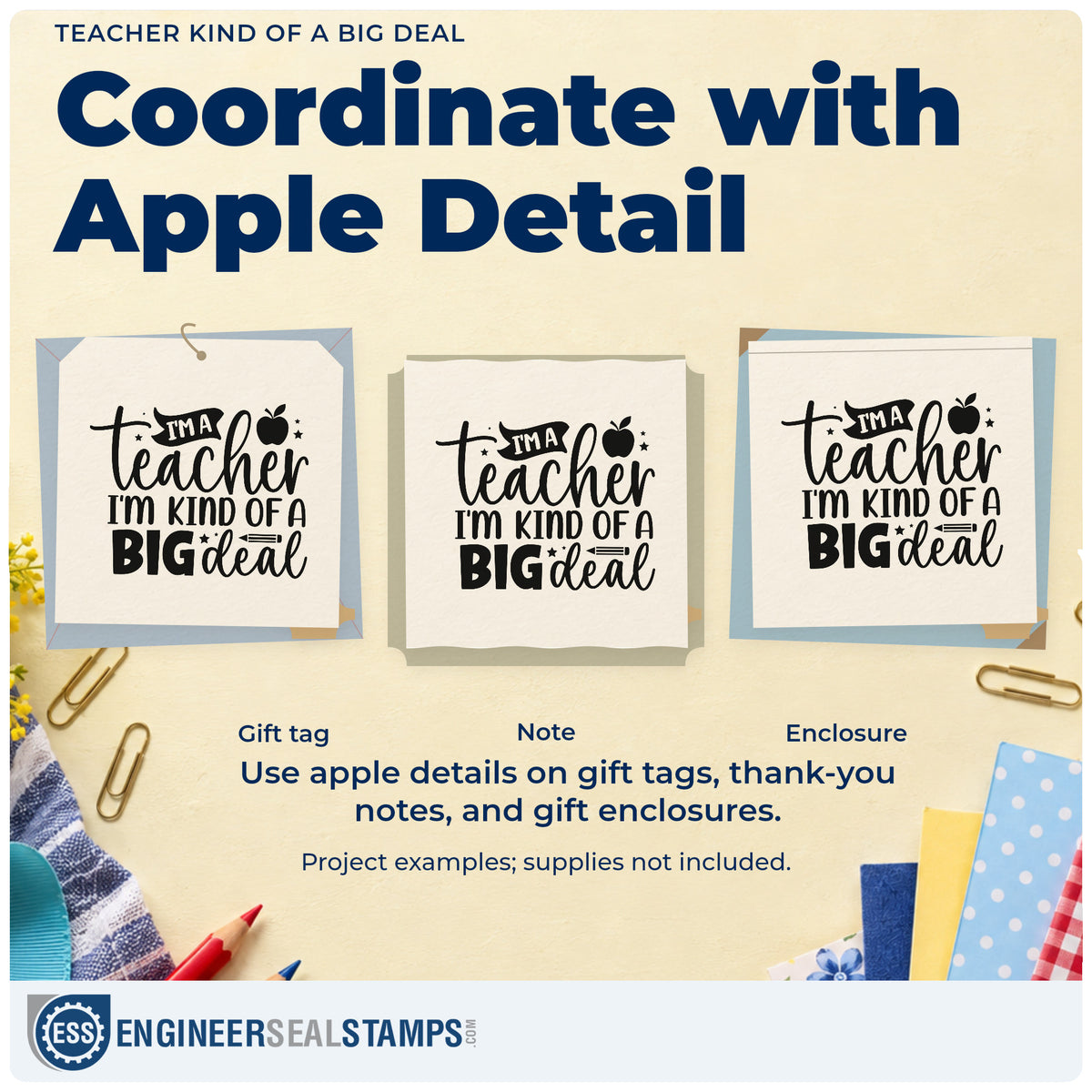 Three project examples made with the Teacher Kind Of A Big Deal Wood Handle Stamp, including popcorn box labels.