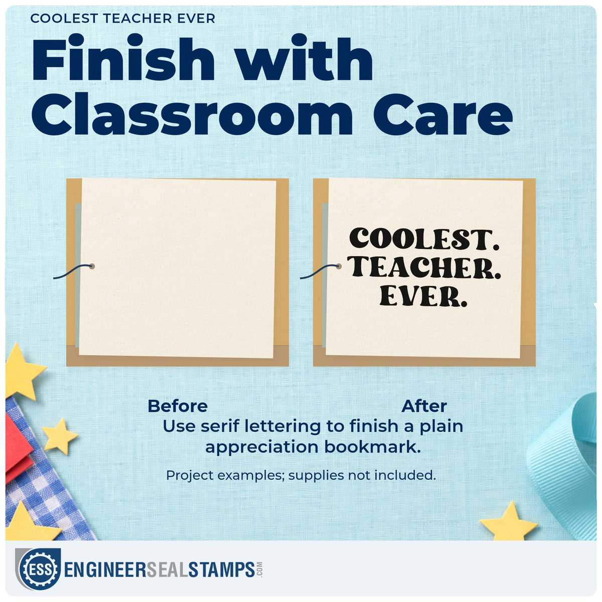 Before and after of a plain item finished with the Coolest Teacher Ever Hand Stamp – Duo, a quick upgrade for locker door seals.