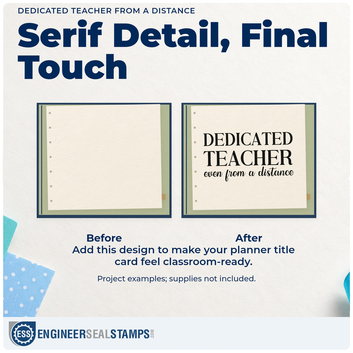 Before and after of a plain item finished with the Dedicated Teacher From A Distance Serif Lettering Stamp – Wood Handle, a quick upgrade for postal pack seals.