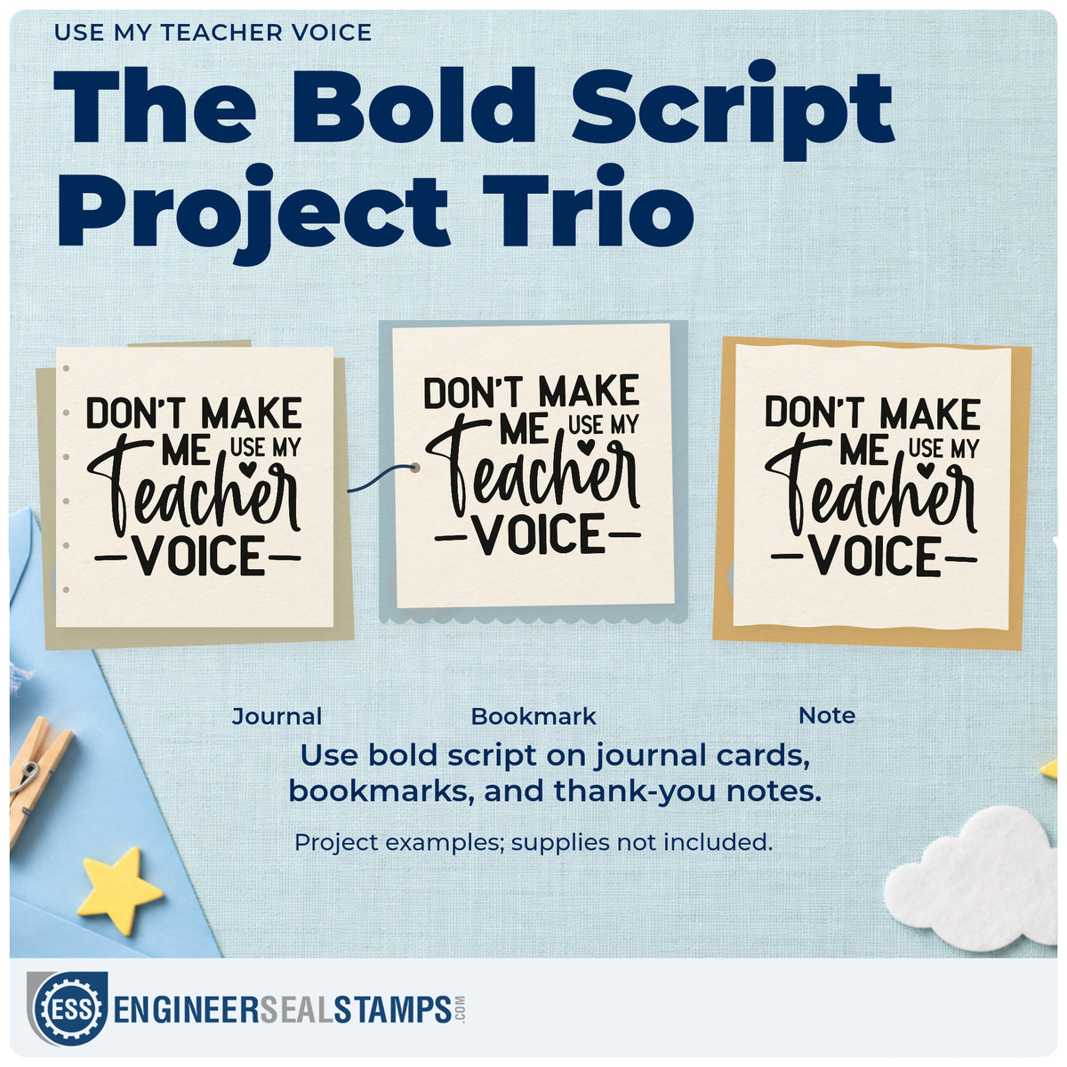 Three project examples made with the Self-Inking Teacher Voice Warning With Heart Stamp, including quiet zone labels.