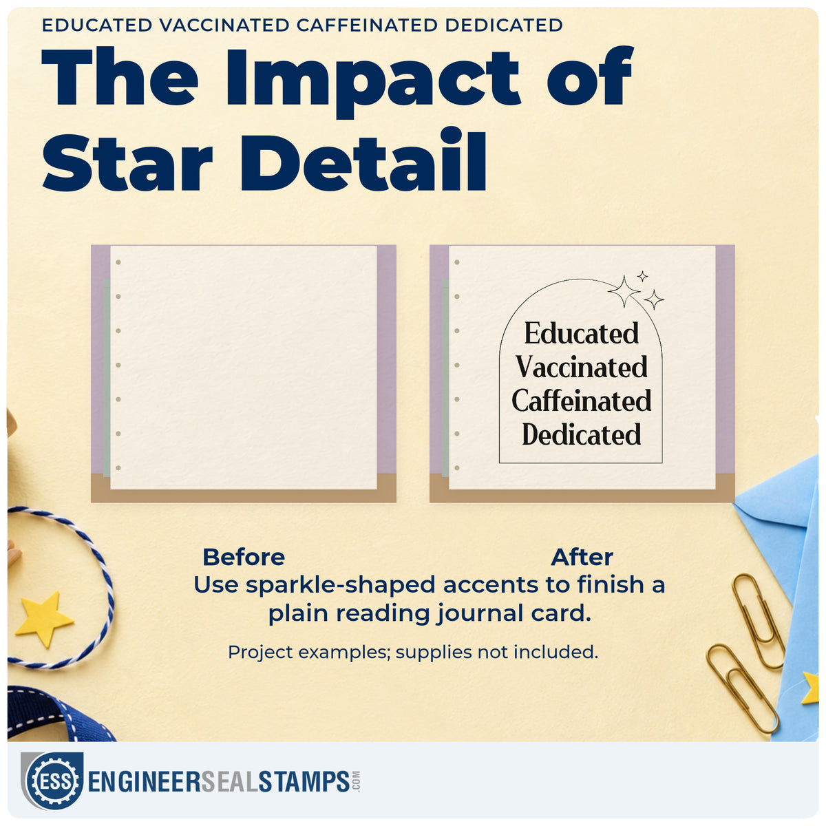 Before and after of a plain item finished with the Educated Vaccinated Caffeinated Dedicated Rubber Stamp – Duo Hand, a quick upgrade for prospectus seals.