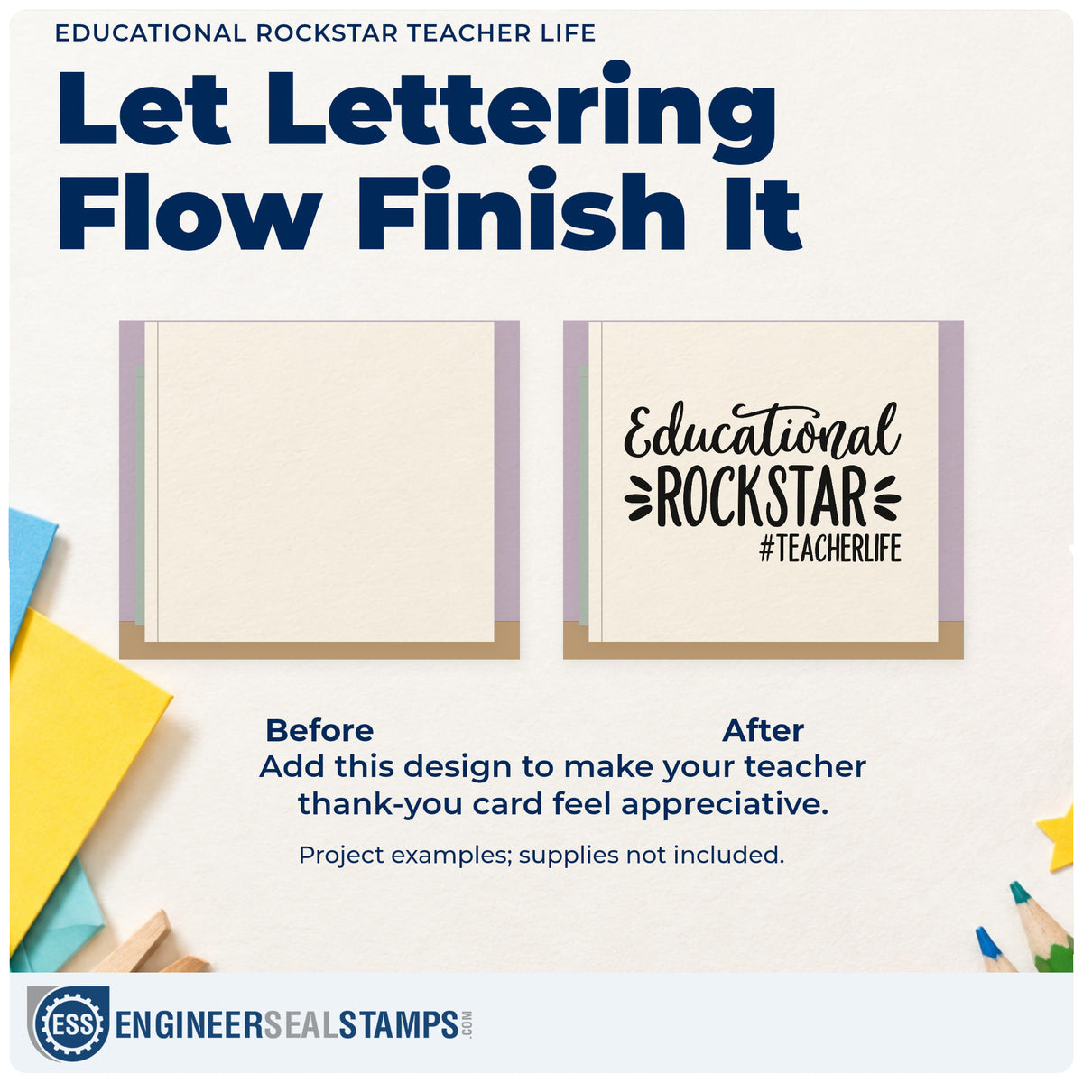 Before and after of a plain item finished with the Educational Rockstar Teacher Life Script Lettering Stamp – PSI Pre-Inked, a quick upgrade for ticket roll seals.