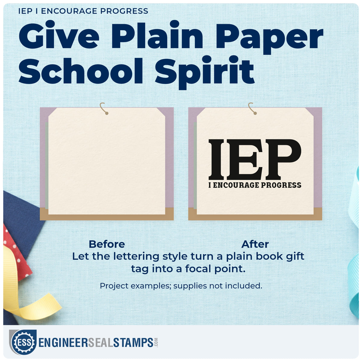Before and after of a plain item finished with the IEP I Encourage Progress Pre-Inked Stamp – PSI, a quick upgrade for report wallet seals.