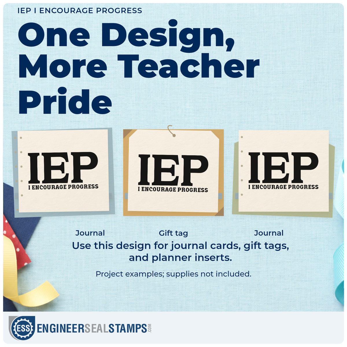 Three project examples made with the IEP I Encourage Progress Rubber Stamp – Wood Handle, including resource box labels.