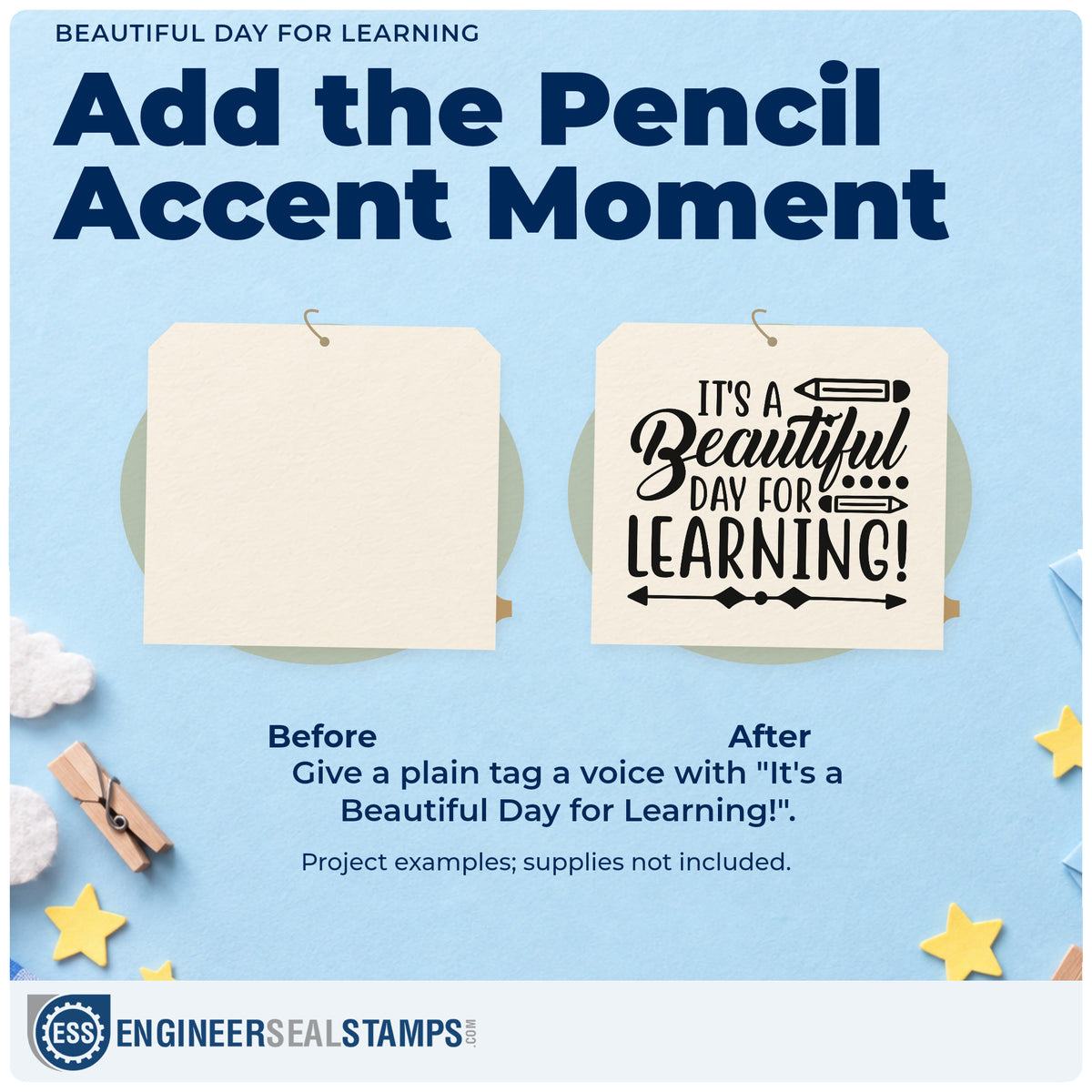Before and after of a plain item finished with the It's A Beautiful Day For Learning! Rubber Stamp – Wood Handle, a quick upgrade for trip consent seals.