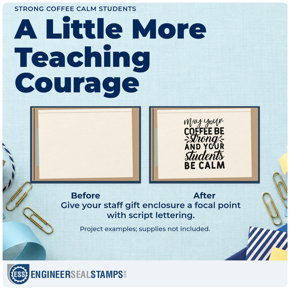 Before and after of a plain item finished with the May Your Coffee Be Strong And Your Students Be Calm Rubber Stamp – Duo Hand, a quick upgrade for flask sleeve panels.