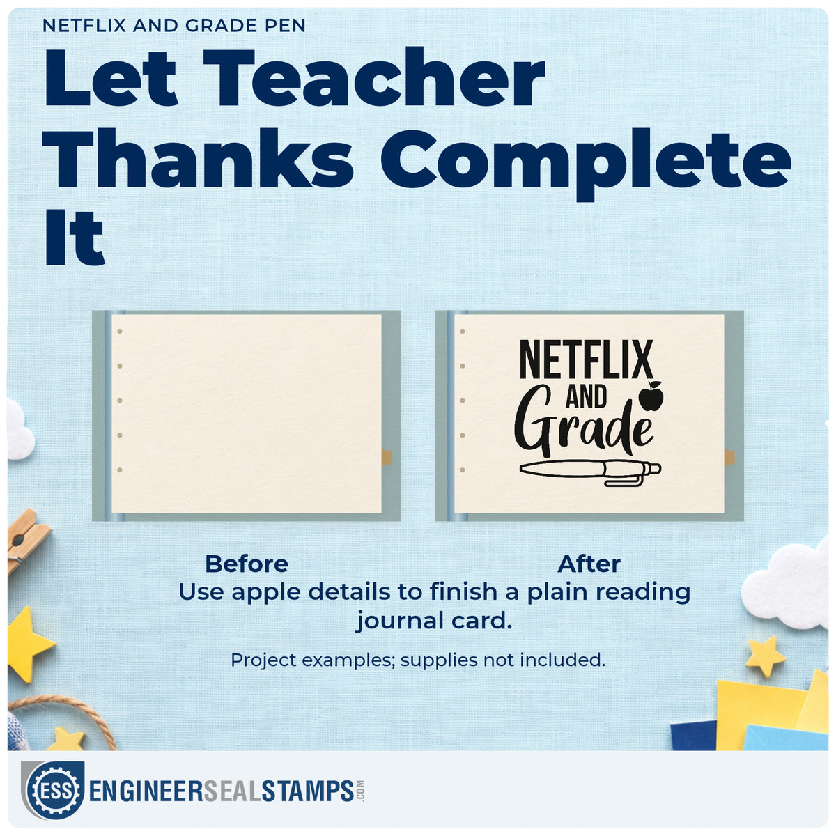 Before and after of a plain item finished with the Apple And Pen With Netflix And Grade Stamp – Self-Inking, a quick upgrade for blanket corner panels.
