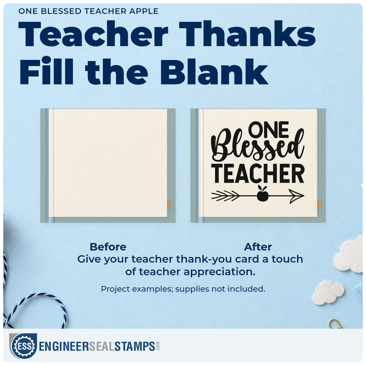 Before and after of a plain item finished with the One Blessed Teacher Apple Wood-Mounted Rubber Stamp, a quick upgrade for offering bag seals.