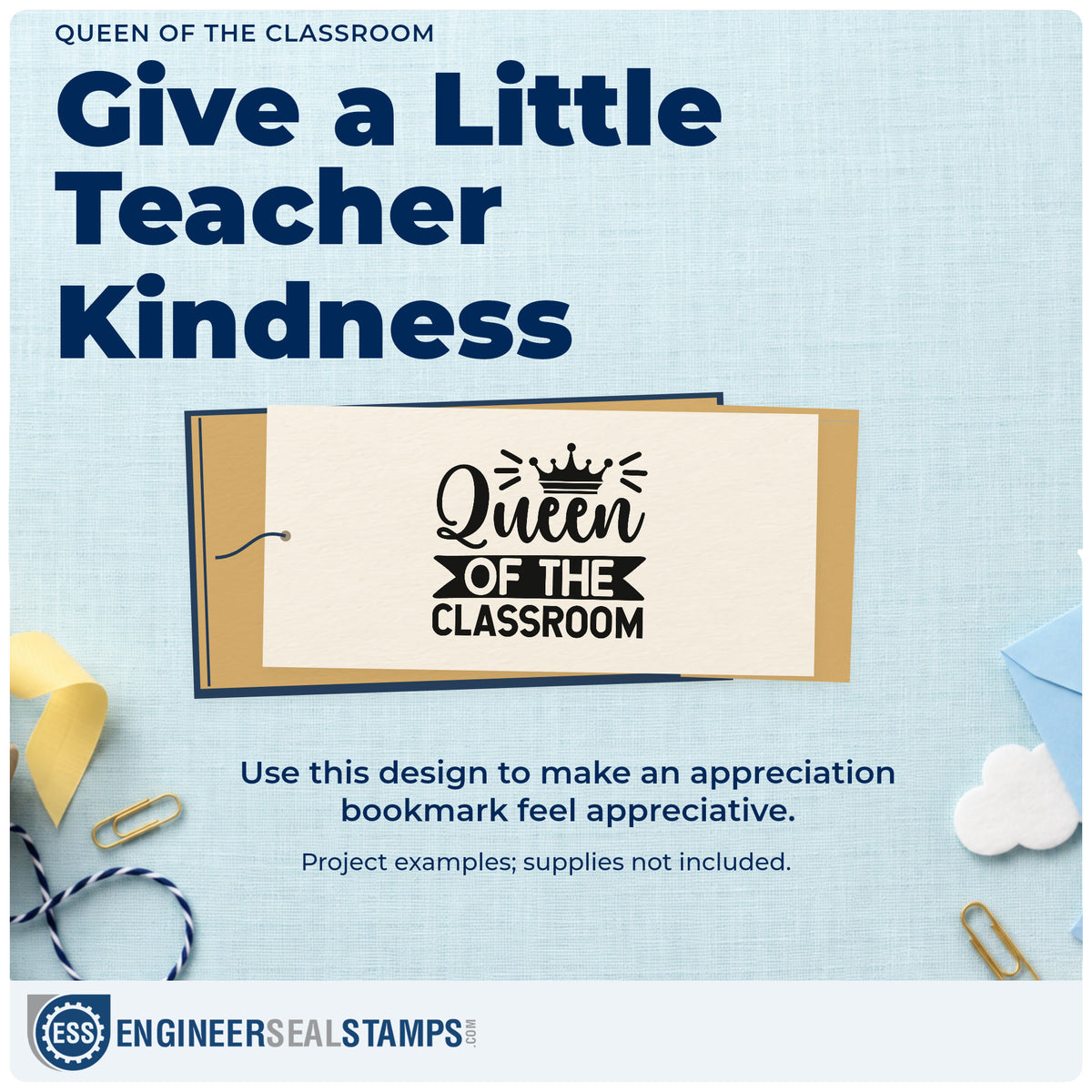 A finished handmade project stamped with the Queen Of The Classroom Crown Slim Pre-Inked Stamp, ideal for coronation tags.