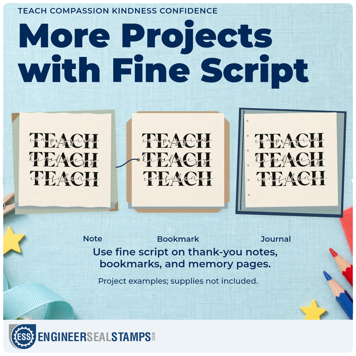 Three project examples made with the Three Teach Rows With Kindness Script Pre-Inked Stamp – PSI, including kindness tin labels.