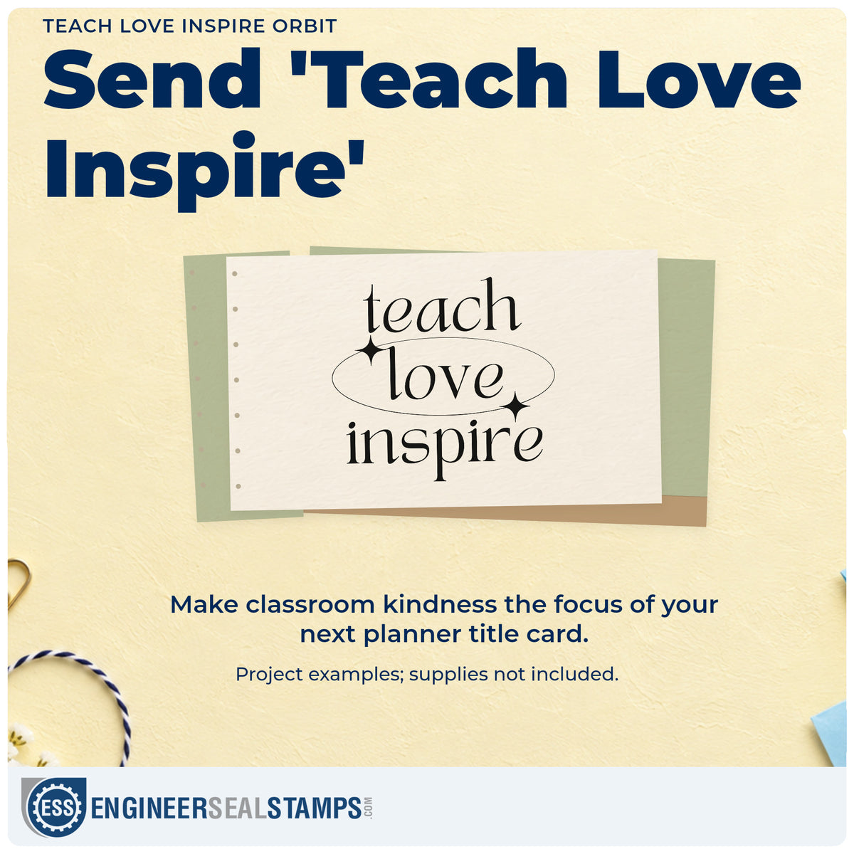 A finished handmade project stamped with the Teach Love Inspire Orbit Rubber Stamp – Wood Handle, ideal for space unit tags.