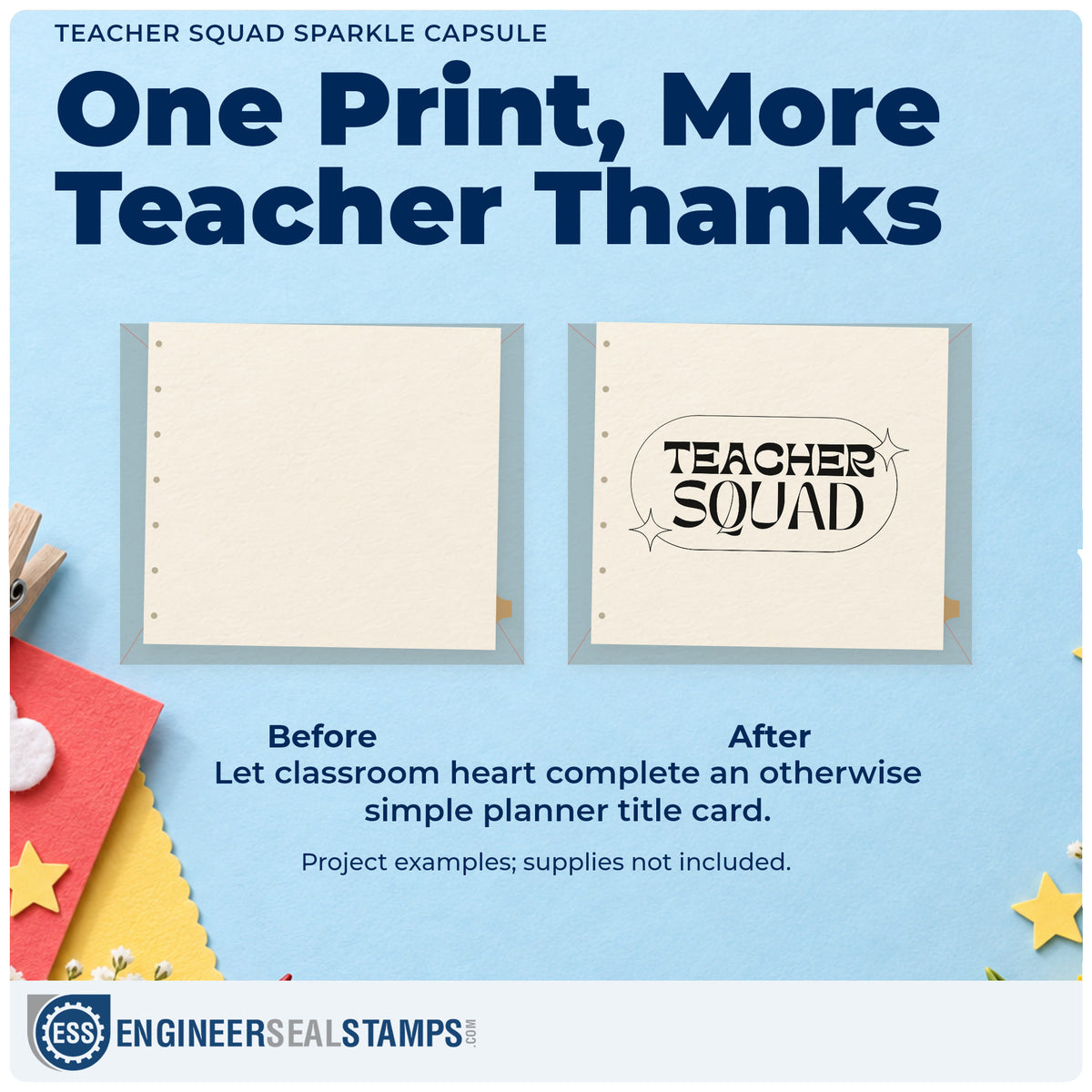 Before and after of a plain item finished with the Teacher Squad Sparkle Capsule Slim Pre-Inked Stamp, a quick upgrade for sticker roll seals.