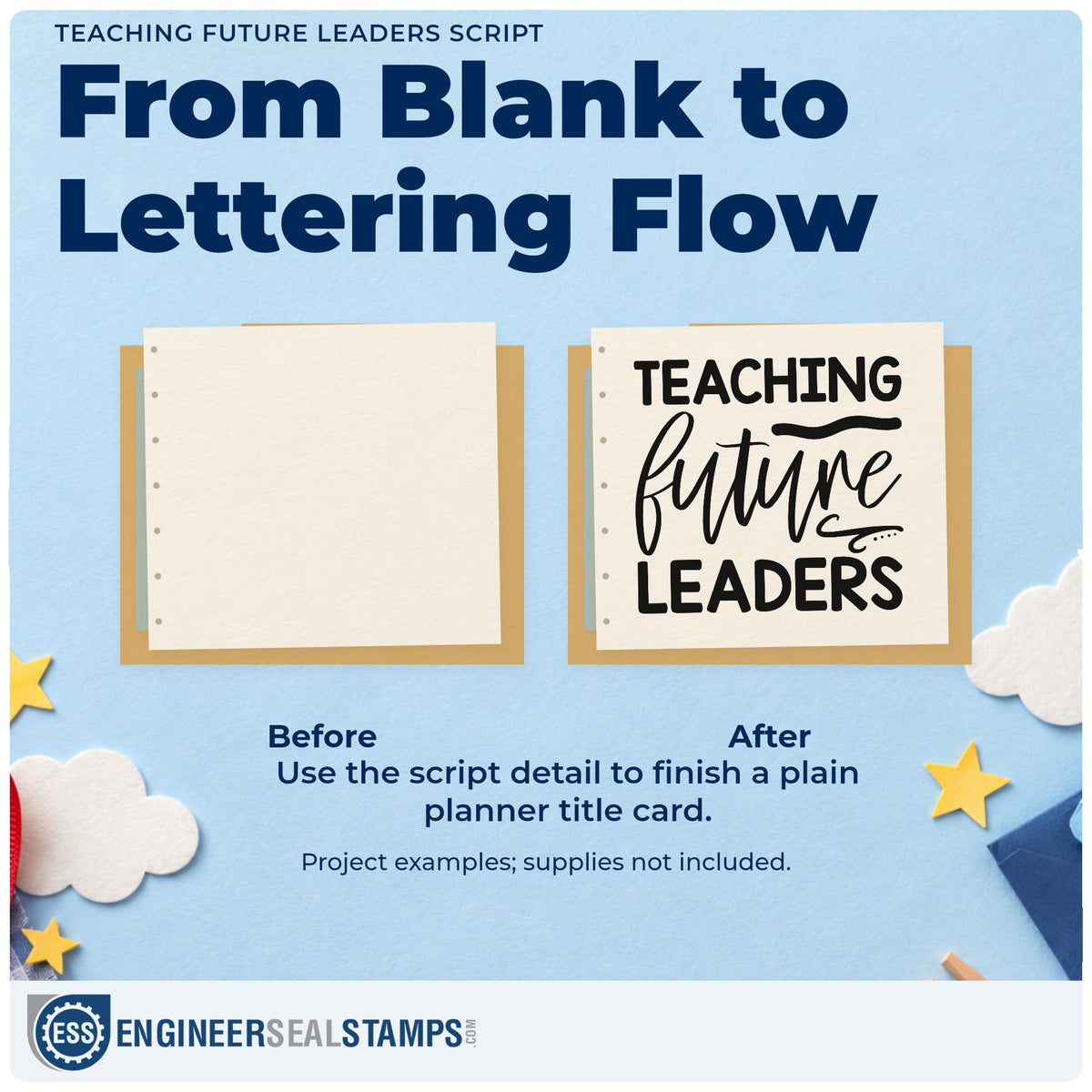 Before and after of a plain item finished with the Teaching Future Leaders Stamp – PSI Pre-Inked, a quick upgrade for council pack seals.