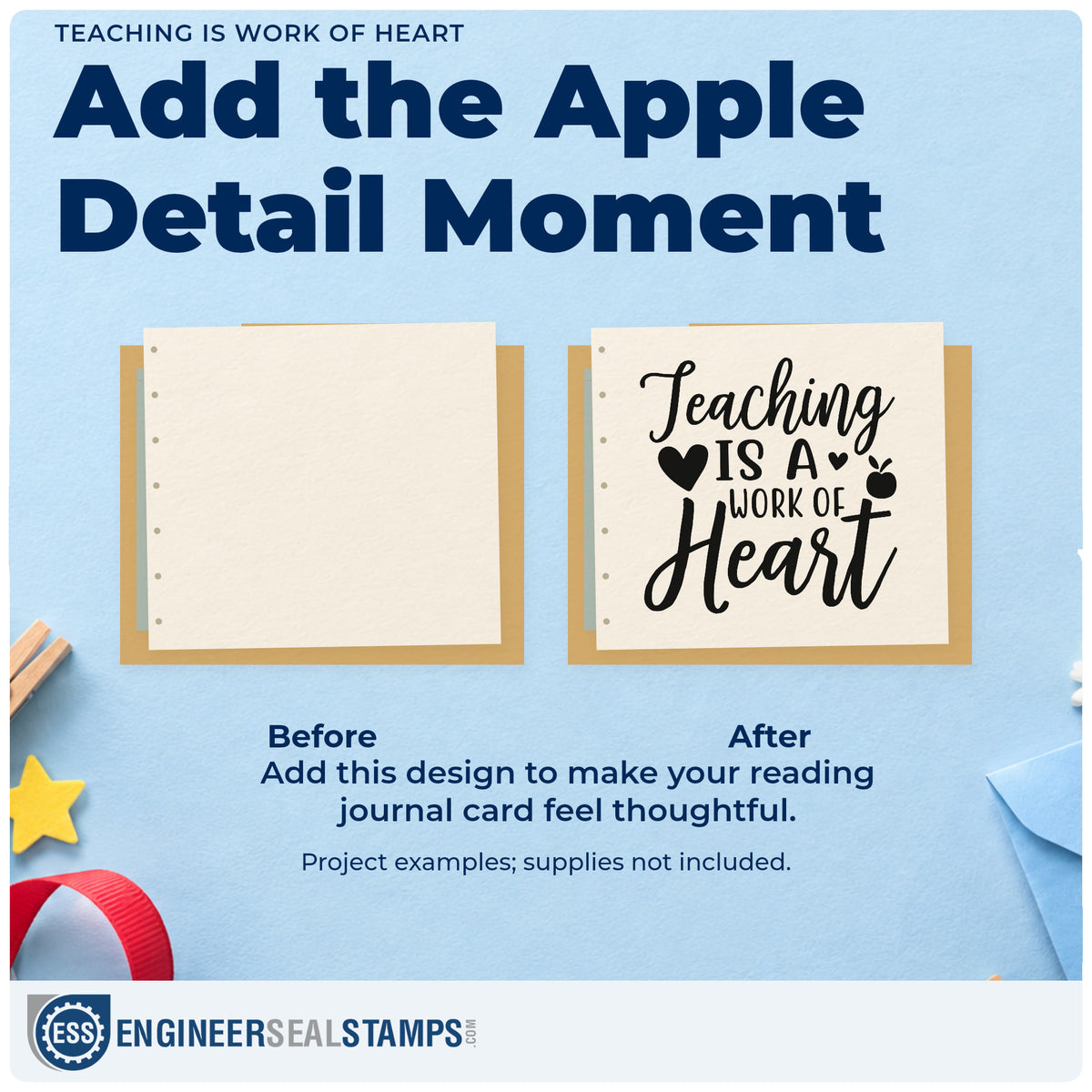 Before and after of a plain item finished with the Teaching Is Work Of Heart Stamp – Self-Inking, a quick upgrade for framing order seals.