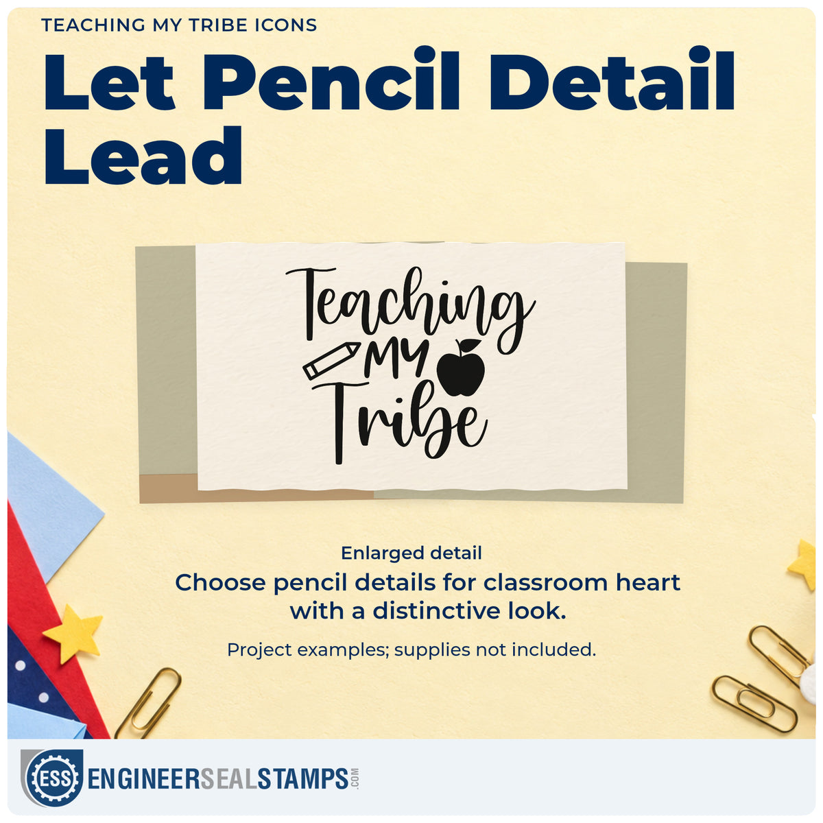 Enlarged detail of the PSI Pre-Inked Teaching My Tribe Icons Stamp imprint. “Teaching My Tribe” is accented with a pencil and an apple.