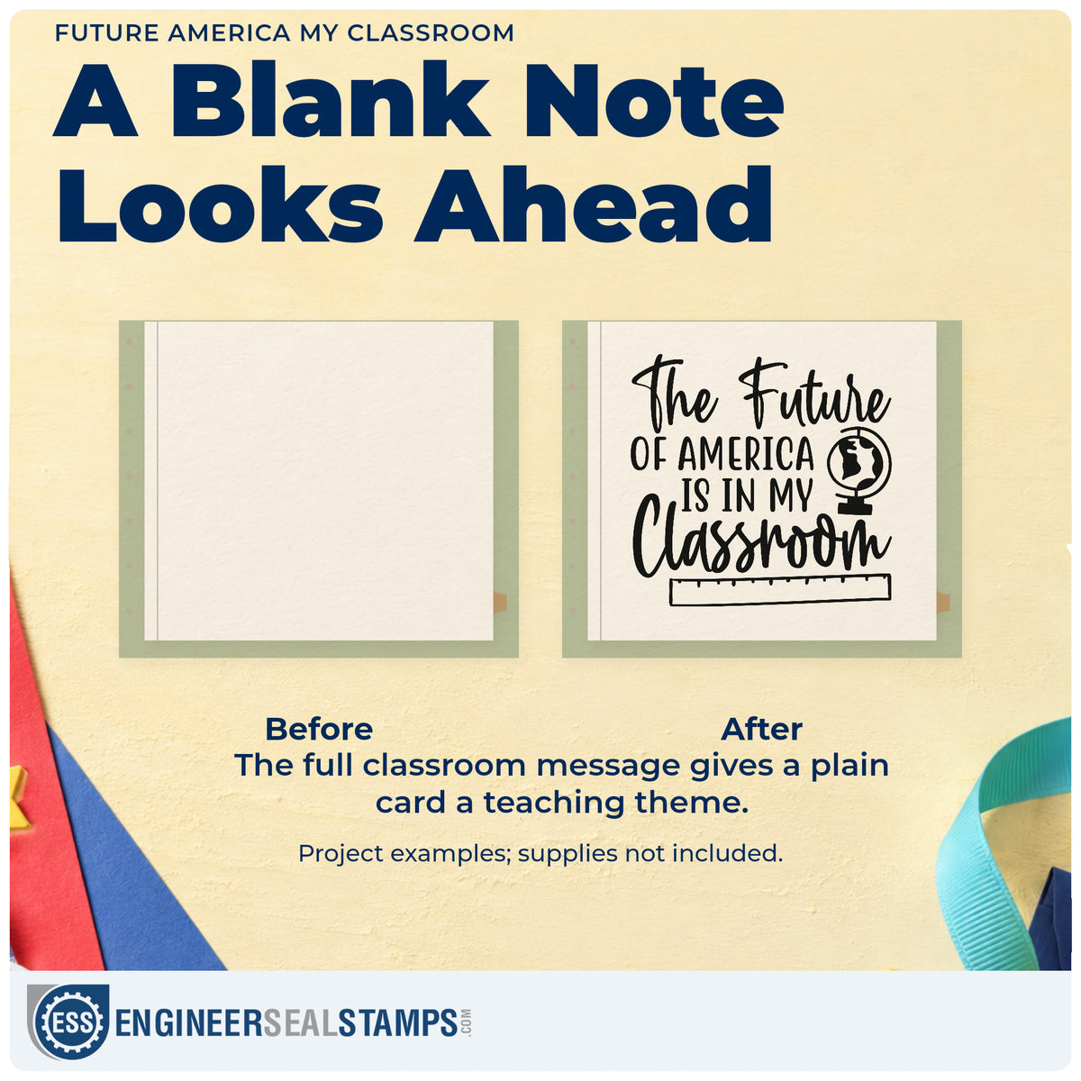 Before and after of a plain item finished with the Future America My Classroom Pre-Inked Stamp – PSI, a quick upgrade for sash band panels.