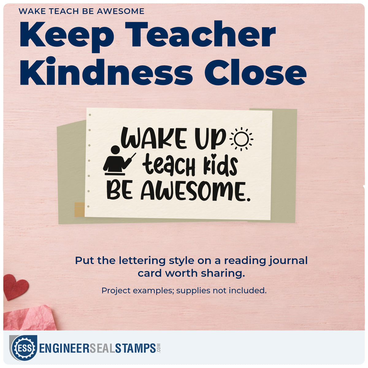 A finished handmade project stamped with the Wake Teach Be Awesome Self-Inking Craft Stamp, ideal for board cards.