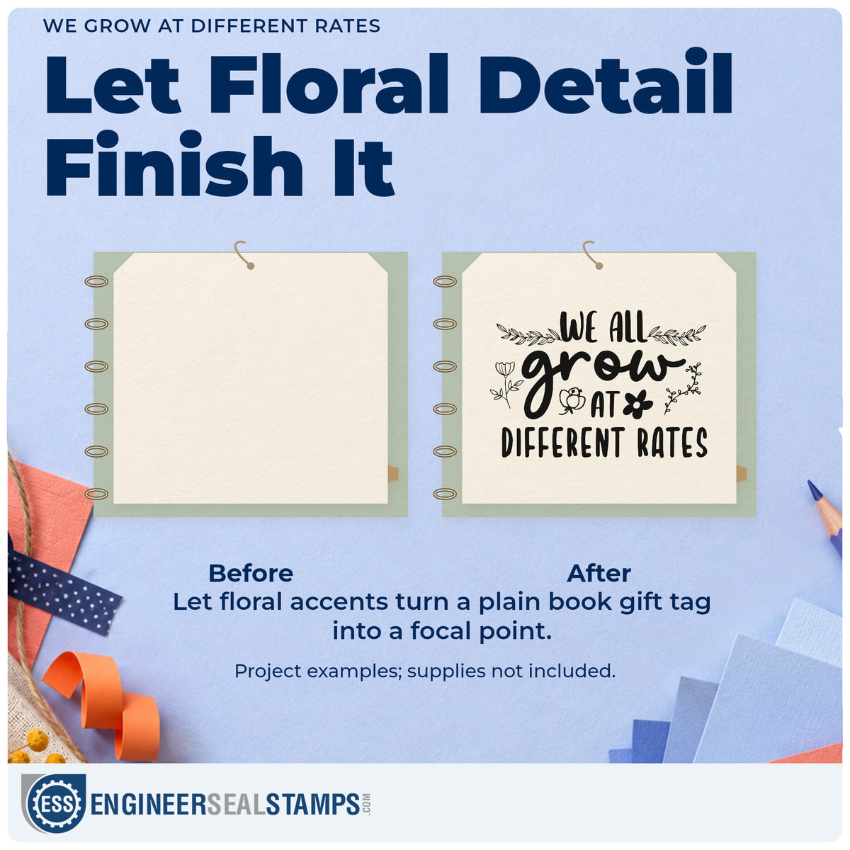 Before and after of a plain item finished with the We All Grow At Different Rates Wood-Mounted Rubber Stamp, a quick upgrade for review pack seals.